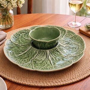 Vintage Bordallo Pinheiro Green Cabbage Leaf Appetizers Serving Dip Tray & Bowl